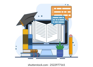 Conceito de e-learning, educação on-line, biblioteca digital, e-book, sala de aula, tutoriais e aplicativos de cursos on-line, estudos universitários e de volta à escola. Ilustração de vetor plano no plano de fundo.