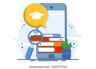 Conceito de e-learning, educação on-line, biblioteca digital, e-book, sala de aula, tutoriais e aplicativos de cursos on-line, estudos universitários e de volta à escola. Ilustração de vetor plano no plano de fundo.