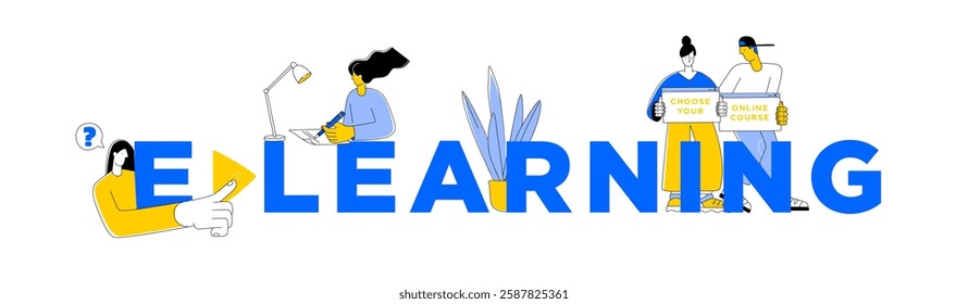 E-Learning Concept with Online Education and Digital Courses. Modern Online Learning Illustration with Virtual Class and Digital Teaching. Distance Education Banner for E-Learning Platforms