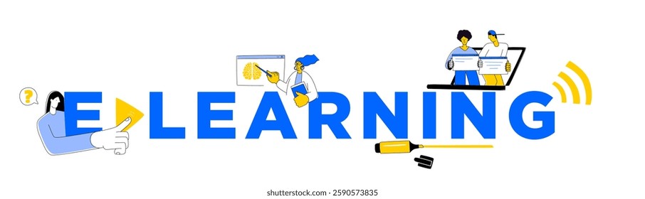 E-Learning Concept with Online Education and Digital Courses. Modern Online Learning Illustration with Virtual Class and Digital Teaching. Distance Education Banner for E-Learning Platforms