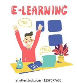 E-learning concept. Сhildren online education. Happy boy learning and waving hand. Vector illustration in hand drawn style