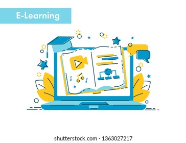 E-learning Concept, Online Education Illustration For Webinar, Training, Mobile Application, Virtual Class Landing, Website, E-book, Laptop, Internet School We Page. Modern Vector Flat Style Design,