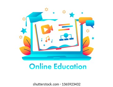 E-learning concept, online education illustration for webinar, training, mobile application, virtual class landing, website, e-book, laptop, internet school we page. Modern vector flat style design