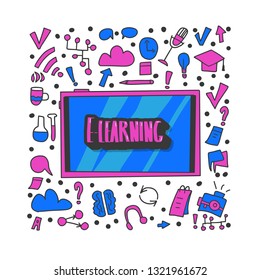 E-learning concept. Online education poster. Quote with tablet screen and school symbols in doodle style. Vector color illustration.