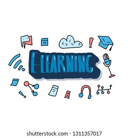 E-learning concept. Online education. Quote and school symbols in doodle style. Vector color illustration.