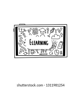 E-learning concept. Online education. Quote sticker and school symbols in doodle style. Vector  illustration.
