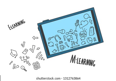 E-learning concept. Online education. Quote and school symbols in doodle style. Vector color illustration.