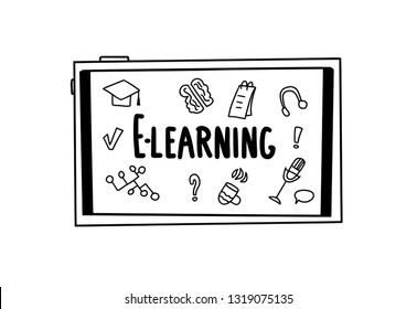 E-learning concept. Online education. Quote and screen school symbols in doodle style. Vector illustration.