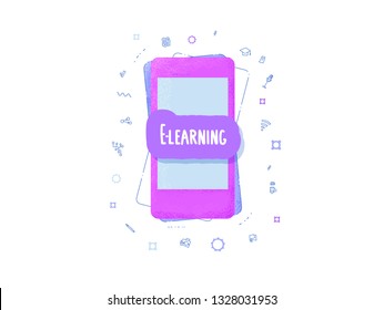 E-learning concept. Online education. Qute with phone and and school symbols in doodle style. Vector color illustration.