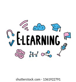 E-learning concept. Online education. Qute and school symbols in doodle style. Vector color illustration.