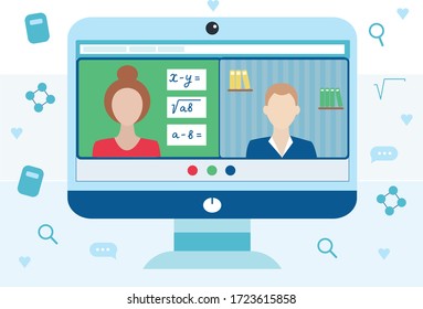 E-learning concept. Online education. video conference, woman teacher and one boy or young man are on laptop screen. Web courses. Trendy flat vector illustration. Online meeting via group call. 