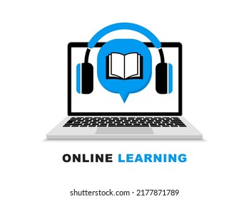 E-learning concept. Online learning and education. Laptop with book and headphones. Distance education. Vector illustration.