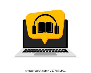 E-learning concept. Online learning and education. Laptop with book and headphones. Distance education. Vector illustration.