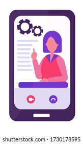 E-learning concept. physics teacher conducts the lesson remotely. The remote training. Short dark hair, red clothes. two gears.  Flat vector illustration