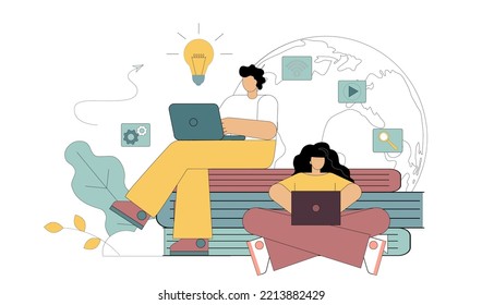 E-learning concept. Remote education. Online video tutorial. Vector illustration
