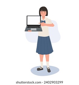 E-Learning Concept, School Technology. Thai Student in Uniform Using Laptop for Presentation. pointing to laptop