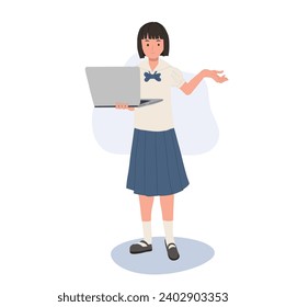 E-Learning Concept, School Technology. Thai Student in Uniform Using Laptop for Presentation. 