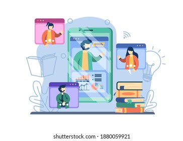 E-Learning concept. student doing video conference with teacher. distance education, E-Learning, Online Teaching,digital classroom,Web courses or tutorials concept. vector illustration for web banners