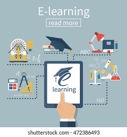 E-learning concept. Student touching tablet screen, studying on the Internet science, graduation. Vector illustration of a flat design. Modern education technology. Distance training.