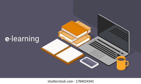 E-Learning Concept. Student's Desk With Laptop Computer And Books On Gray Background. Vector Illustration, Panorama