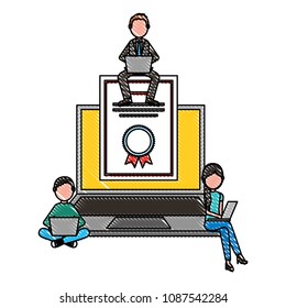 e-learning concept students with laptop and diploma