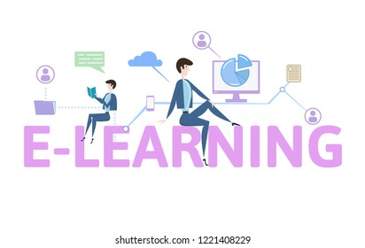 E-LEARNING. Concept table with people, letters and icons. Colored flat vector illustration on white background.