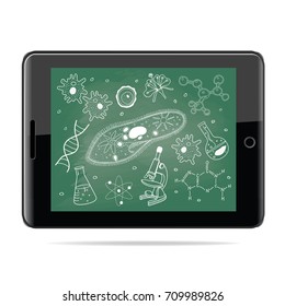e-learning concept. Tablet computer with biology sketches on school board.