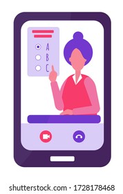 E-learning concept. the teacher conducts the lesson remotely. The remote training. High hair, red clothes. Passing a test or exam. The student is being certified. Flat vector illustration