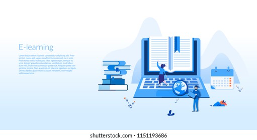 E-learning Concept for web page, banner, presentation, social media, documents, cards, posters. Vector illustration, Education school university, student's desktop with laptop,books, distance studying