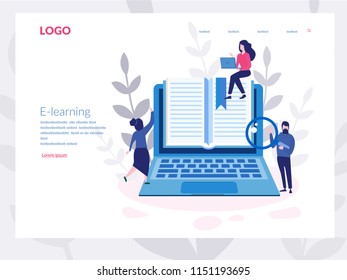 E-learning Concept for web page, banner, presentation, social media, documents, cards, posters. Vector illustration, Education school university, student's desktop with laptop,books, distance studying