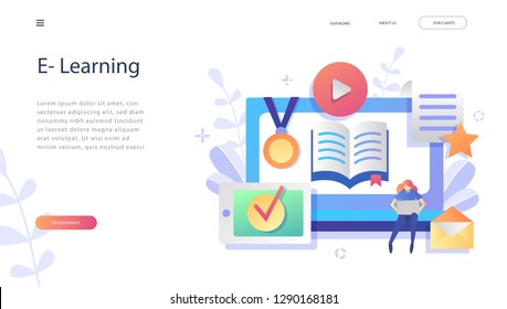 E-learning Concept for web page, banner, presentation, social media, documents, cards, posters. Vector illustration, Education school university with laptop,books, distance studying