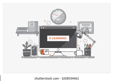 E-learning Concept for web page, banner, presentation. Line vector illustration