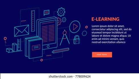 E-learning Concept for web page, banner, presentation. Vector illustration