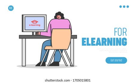 Elearning Concept. Website Landing Page. Woman Takes A Remote Online Course. Girl Useing Modern Technologies For Online Self Education. Web Page Cartoon Linear Outline Flat Style. Vector Illustration