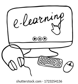 E-learning concept. Workplace for online education and remote work. Hand drawn vector illustration