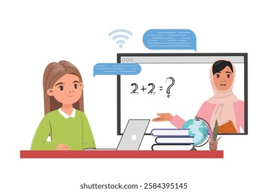 .Elearning concept with a young girl attending an online math class, a Muslim teacher on the screen, and a Wi Fi symbol