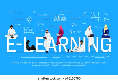 E-learning concept. Young Muslim people with tablet pc and laptops are engaged in distance learning on the Internet. Flat men and women sit and read using gadgets. Vector illustration.