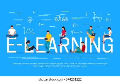 E-learning concept. Young people with tablet pc and laptops are engaged in distance learning on the Internet. Flat men and women sit and read using gadgets. Vector illustration.