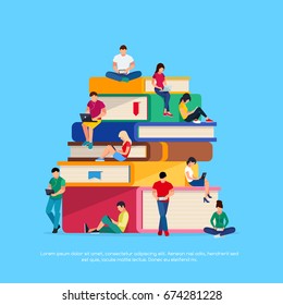 E-learning concept. Young people with tablet pc and laptops are engaged in distance learning on the Internet. Students sitting on the books, busy reading. Vector illustration.