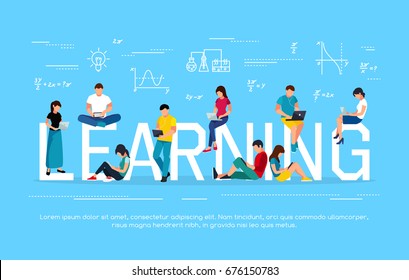 E-learning Concept. Young People With Tablet Pc And Laptops Are Engaged In Distance Learning On The Internet. Flat Men And Women Sit And Read Using Gadgets. Vector Illustration.