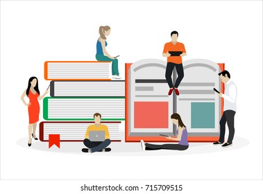 E-learning concept. Young people with tablet pc and laptops are engaged in distance learning on the Internet. Students sitting on the books, busy reading. Vector illustration.