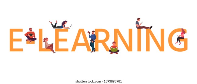 E-learning concept with young people  using laptop and smartphone, book. Vector illustration can use for presentations, education, colleges and institutes, banner, courses.