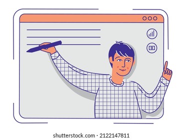 E-learning concepts. Online learning at home. Man teacher teaching on laptop screen, distance learning.