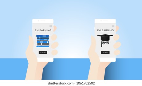 E-learning Conceptual Vector Illustration Hand Holding Smartphone With Stack Of Books And Grad Hat On The Screen. Template For Online Education Design.