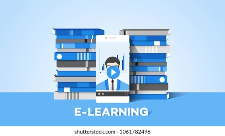 E-learning Conceptual Vector Illustration With Smartphone And Teacher On The Screen Stack Of Books On Light Blue Background.