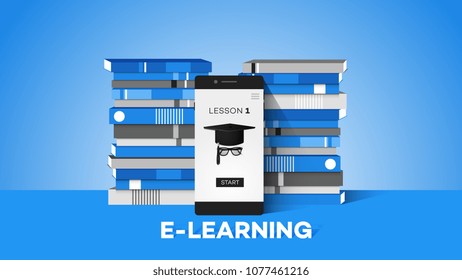 E-learning Conceptual Vector Illustration With Smartphone And Teacher On The Screen Stack Of Books On Light Blue Background.