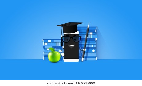 E-learning Conceptual Vector Illustration With Smartphone And Teacher On The Screen Stack Of Books On Light Blue Background.