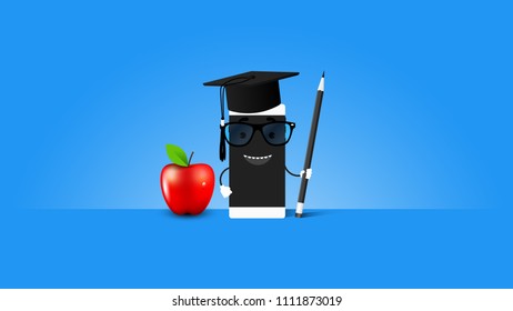 E-learning Conceptual Vector Illustration With Smartphone And Teacher On The Screen Stack Of Books On Light Blue Background.