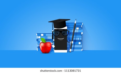 E-learning Conceptual Vector Illustration With Smartphone And Teacher On The Screen Stack Of Books On Light Blue Background.