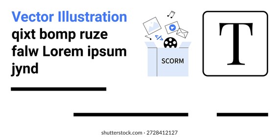 E-learning, organização de conteúdo, educação digital, treinamento, cursos on-line, compartilhamento de conhecimento. Pasta SCORM com envelopes, ferramentas e ícones. Conceito de e-learning e organização de conteúdo